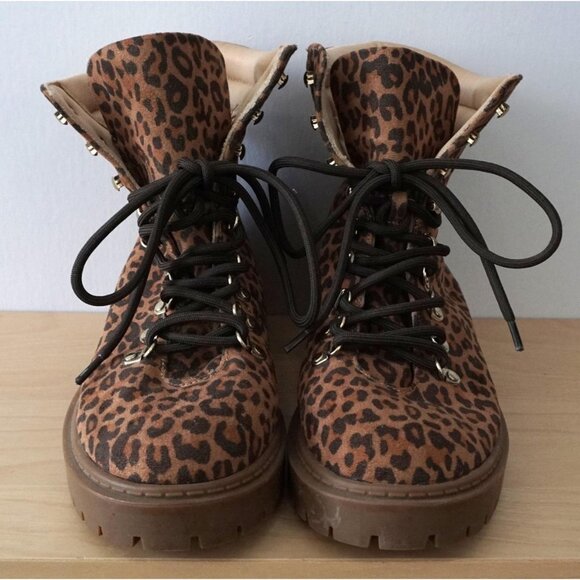 Ann Taylor Loft Tan Black Animal Cat Print Lace Up Combat Boots Size 8M - Picture 3 of 6